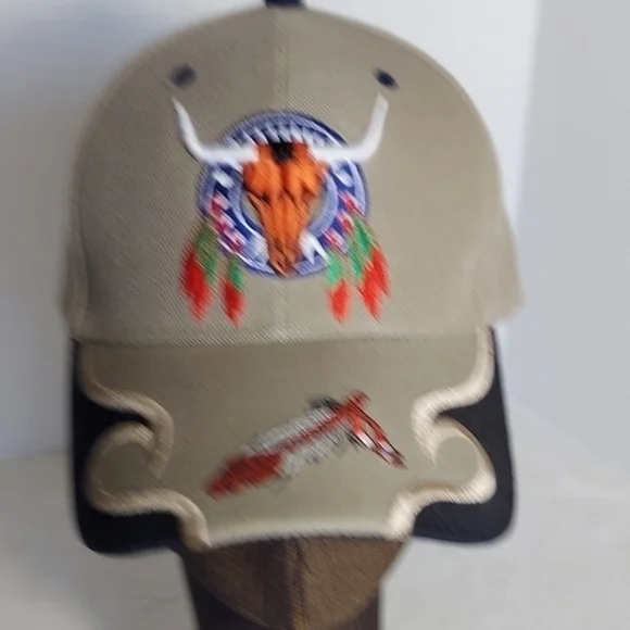 Texas Head Wear Western Native American Inspired Tan Baseball Cap with appliques - Picture 10 of 10